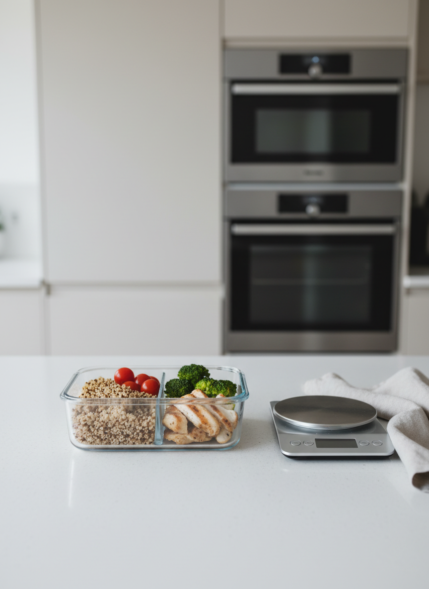 A clean, minimalist kitchen countertop in soft neutral tones featuring a single, transparent glass meal-prep container with perfectly portioned sections of whole grains, lean protein, and colorful vegetables. The container rests on a matte white surface beside a discreet digital kitchen scale with a sleek metallic finish and a folded light-grey linen napkin. In the blurred background, orderly white cabinets and a subtle stainless-steel appliance suggest a professional yet home-like environment. Cool, diffused daylight enters from an unseen window, creating balanced, shadow-free illumination. Shot at eye level with a slightly off-center composition and sharp focus throughout, the image feels structured, clinical yet welcoming, emphasizing precision, balance, and the scientific rigor of personalized nutrition plans in a modern, photographic style.