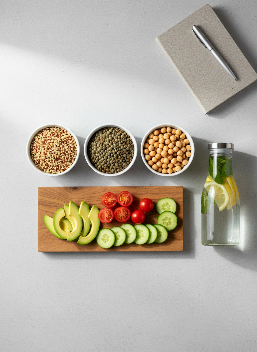A meticulously arranged flat lay of nutritious Mediterranean-inspired foods on a smooth, light grey stone surface. There are small white porcelain bowls with quinoa, lentils, and chickpeas, a wooden board with sliced avocado, cherry tomatoes, and cucumber, and a clear glass carafe of water infused with lemon and mint. A slim, closed notebook with a muted beige cover and a silver pen sits neatly to one side, symbolizing professional nutritional planning. Soft natural daylight from the left creates gentle, precise shadows and subtle highlights on the fresh ingredients. The composition follows a clean, grid-like structure with ample negative space, photographed from a bird’s-eye view in photographic realism, conveying a calm, professional, and evidence-based approach to healthy eating.