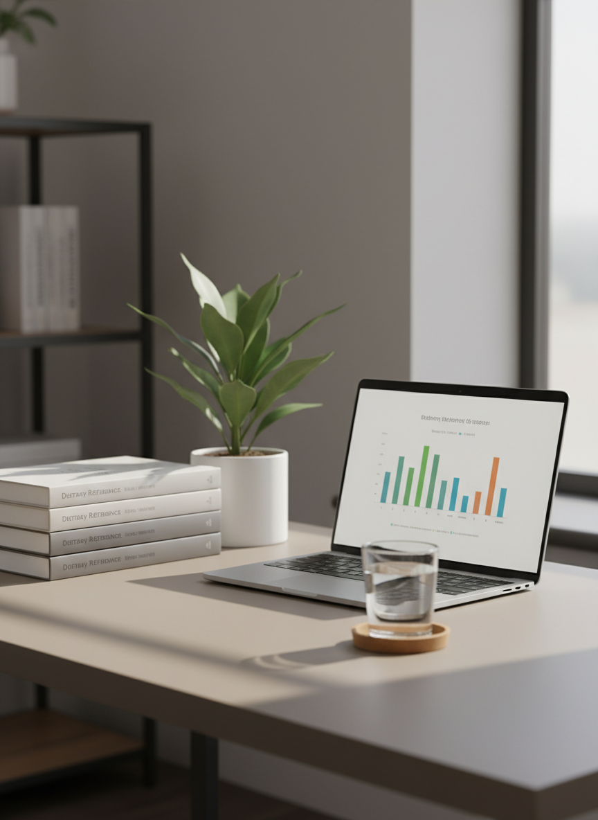 A polished, neutral-toned workspace with a slim, open laptop displaying a blurred graph of nutrient breakdowns on its screen, placed on a matte beige desk. Beside the laptop sits a stack of neatly aligned dietary reference books with understated, monochrome spines and a single, small white ceramic pot holding a structured green plant with glossy leaves. A glass of clear water rests on a simple cork coaster, emphasizing healthy habits. Soft, indirect daylight from a nearby window casts controlled, linear shadows, creating a calm and focused atmosphere. Photographed at a three-quarter angle with moderate depth of field, keeping the foreground crisp and the background gently softened, the image has a clean, modern corporate aesthetic, suggesting evidence-based, digitally supported nutritional consulting in a photographic, professional style.