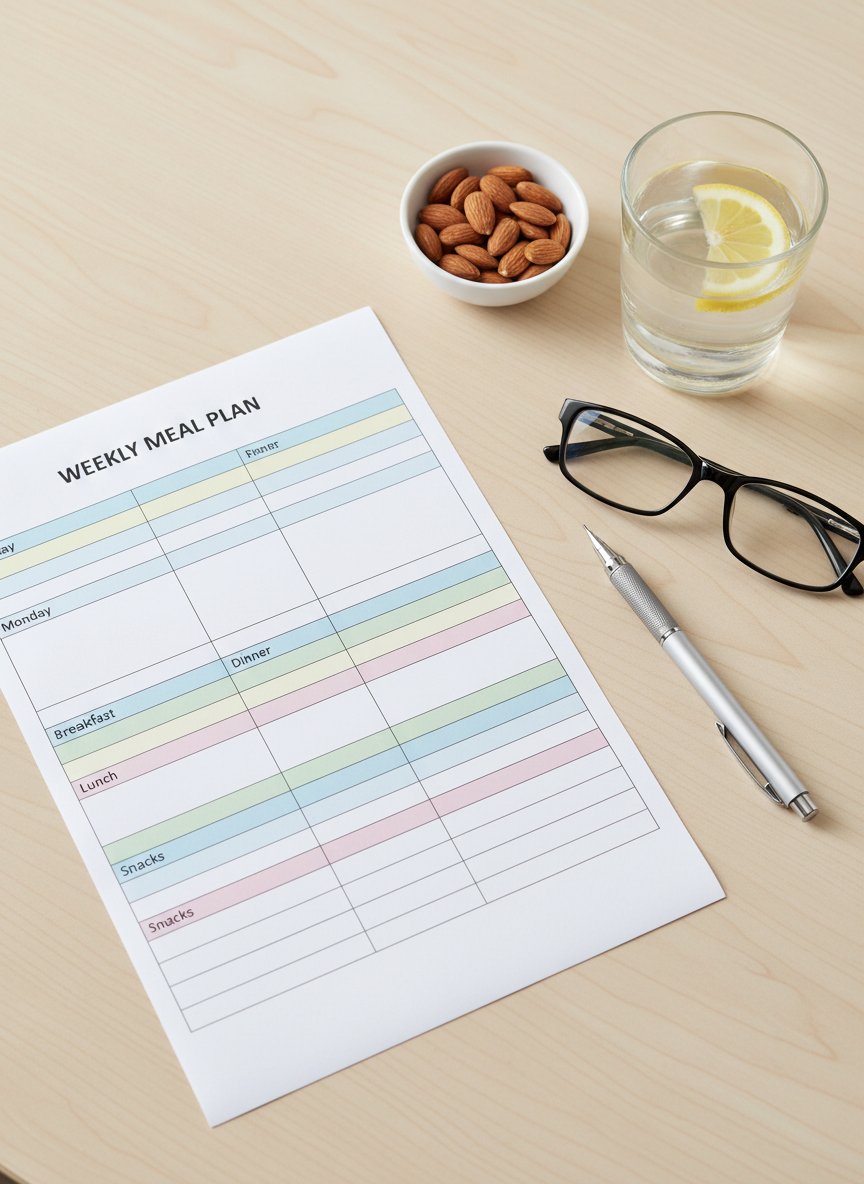 A close-up of a structured, printed weekly meal plan laid out on a smooth, pale wooden desk, featuring neatly typed columns and rows in a clean sans-serif font, with subtle pastel accent lines dividing breakfast, lunch, dinner, and snacks. Next to the plan lies a calibrated silver mechanical pencil and a pair of slim, black-rimmed reading glasses folded symmetrically. A small white ceramic bowl with almonds and a glass of water with a single lemon slice add a touch of nutritional context. Soft overhead studio lighting produces even illumination with minimal shadow, enhancing legibility and order. Captured from a slightly elevated angle with balanced, rule-of-thirds composition, the photographic realism and corporate aesthetic create a mood of clarity, organization, and professional guidance in dietary planning.