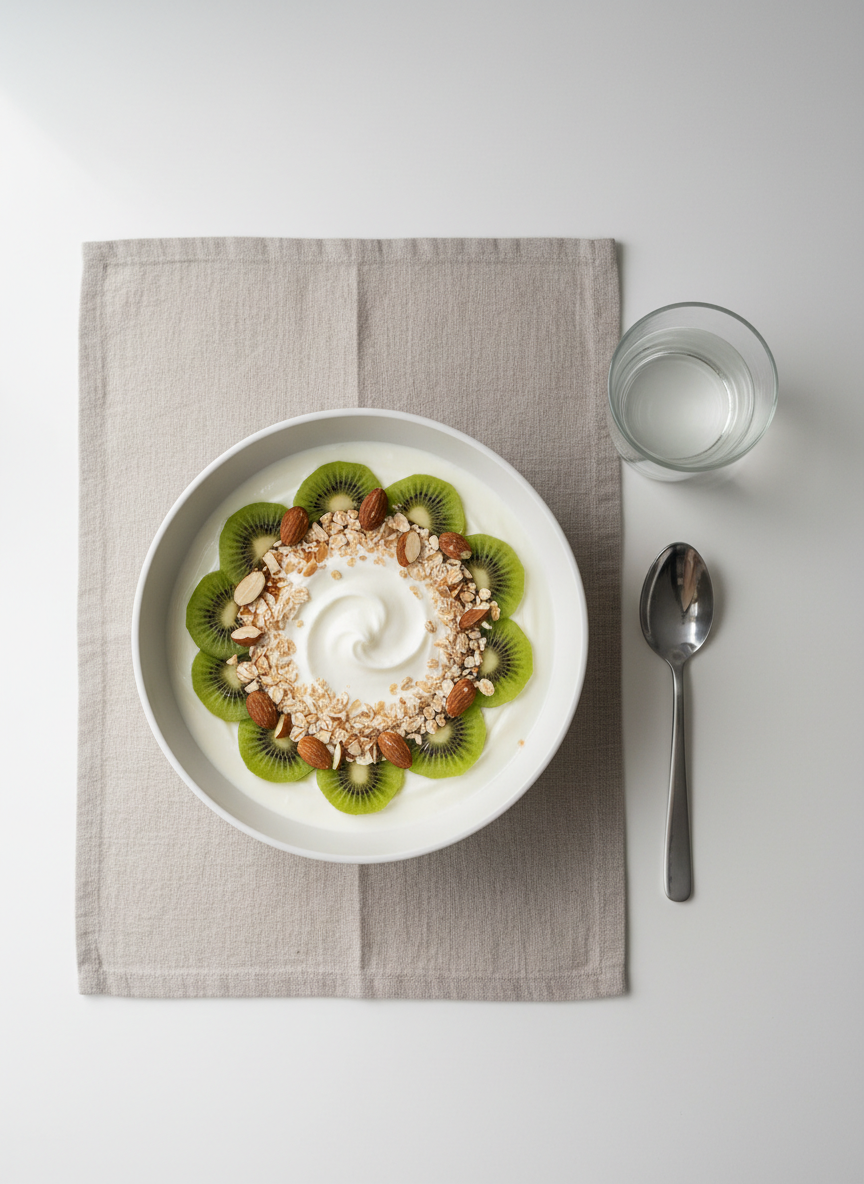 A top-down view of a balanced breakfast setting designed for blood sugar stability: a matte white ceramic bowl filled with unsweetened yogurt, topped with evenly spaced slices of kiwi, chopped almonds, and a measured sprinkle of oats, forming a precise, circular pattern. The bowl sits on a light taupe linen placemat atop a smooth white table. To the side, a small glass of water and a minimalistic, stainless-steel spoon rest parallel to each other, emphasizing order and portion control. Natural, diffused morning light from a nearby window creates soft, consistent illumination with almost no harsh shadows. The composition is symmetrical with generous negative space, rendered in photographic realism and a clean, corporate aesthetic, conveying calm, discipline, and a science-based approach to everyday eating.